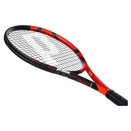 The Prince Beast Power 285g Tennis Racket by Prince, in red and black with "Prince" on the strings and "BEAST" on the frame, is crafted from graphite—perfect for beginners.