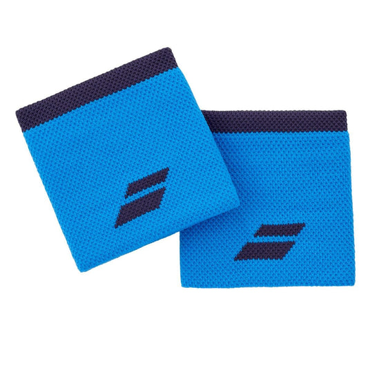 Two Babolat Logo Wristbands in Drive Blue with a navy blue top edge and the iconic Babolat logo centered. Crafted from high-absorption terry material, they have a knit texture and appear slightly tilted and overlapping, adding an athletic touch.
