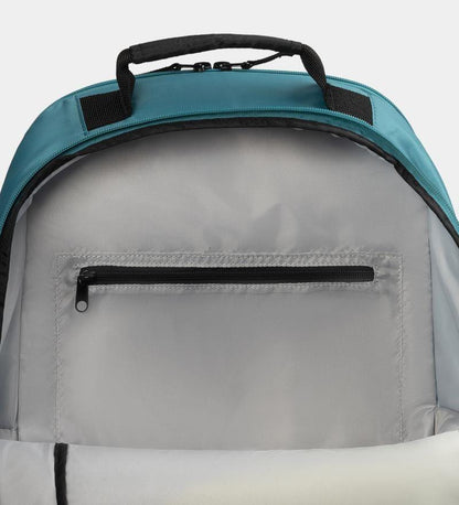 Interior view of the Dunlop SX Club Tennis Backpack reveals a light gray lining, inner back zipper pocket, padded straps, and black handle. The teal exterior is ideal for your tennis gear.