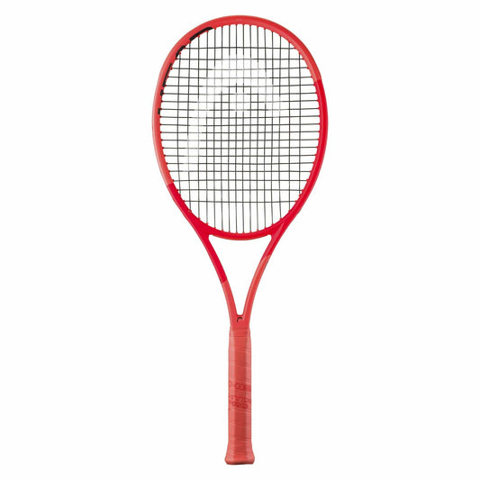 A HEAD Radical MP 2025 Tennis Racket with black strings is displayed against a white background. The red handle grip and sleek frame feature HEAD’s Auxetic 2.0 technology for superior all-court performance.