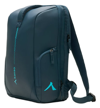 Meet the Kanso Intuko Tennis 23L Backpack in navy, your ideal everyday companion. It features a sleek design, top handle, adjustable shoulder straps, and light blue accents with logo. Enjoy ultimate storage convenience with multiple zippered compartments.