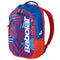 The Babolat Kids Tennis Backpack in blue and red features a geometric pattern with the brand name in large white letters. Designed for young athletes, it has a top handle, two shoulder straps, and a zippered compartment.