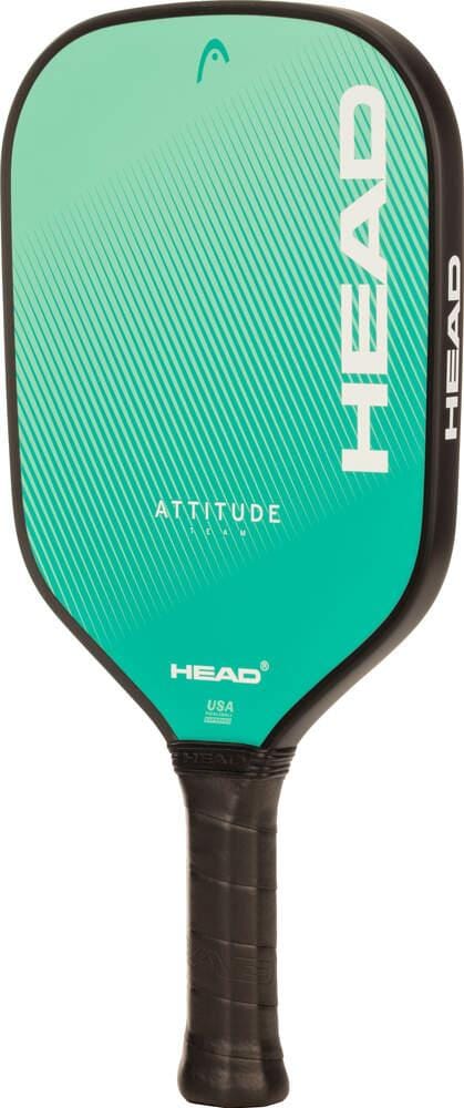 The HEAD Attitude Team Pickleball Paddle features a green and black design with "HEAD" and "ATTITUDE" on the face, a grip-taped handle, and bold diagonal stripes—ideal for beginner players.