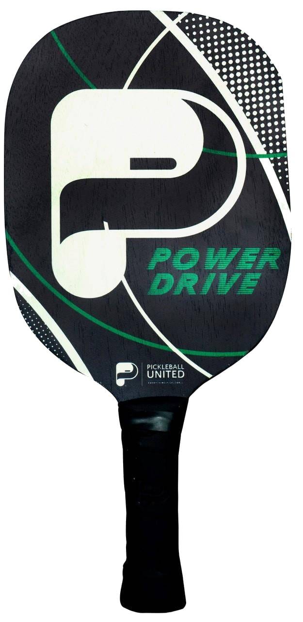 The Pickleball United Power Drive Pickleball Paddle features a black design with white and green accents, a large stylized "P," "POWER DRIVE" in green, a wrapped black handle for grip, and a cork core for enhanced control.