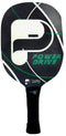 The Pickleball United Power Drive Pickleball Paddle features a black design with white and green accents, a large stylized "P," "POWER DRIVE" in green, a wrapped black handle for grip, and a cork core for enhanced control.