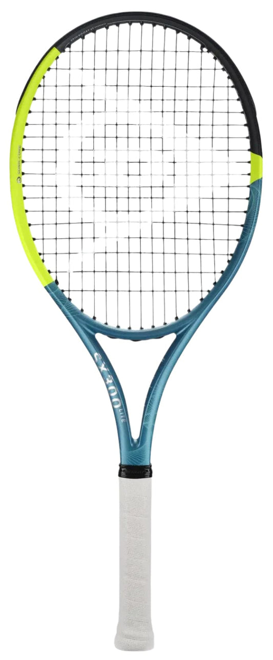 The Dunlop SX 300 Lite 2025 Tennis Racket by Dunlop features a lightweight teal and black frame with neon yellow accents, black strings, and a white grip. It stands upright against a white background.