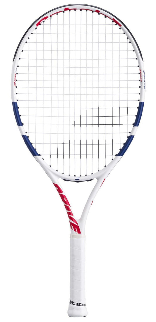 The Babolat Drive Junior 24 Tennis Racket by Babolat features a white frame with blue and red accents, a tightly strung net, and a white grip—ideal for young players looking for the perfect kids tennis racket.