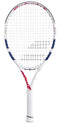 The Babolat Drive Junior 24 Tennis Racket by Babolat features a white frame with blue and red accents, a tightly strung net, and a white grip—ideal for young players looking for the perfect kids tennis racket.