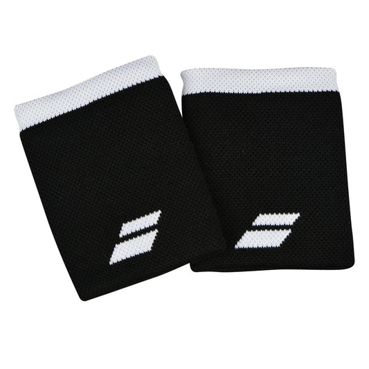 A set of black Babolat Logo Jumbo Wristbands featuring white elastic trim and adorned with the iconic Babolat logo, ideal for tennis accessories, are positioned side by side on a pristine white background.
