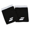 A set of black Babolat Logo Jumbo Wristbands featuring white elastic trim and adorned with the iconic Babolat logo, ideal for tennis accessories, are positioned side by side on a pristine white background.