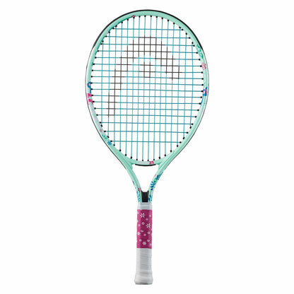 The HEAD Coco 21 Junior Tennis Racket features a mint green color with a patterned head and pink grip. Adorned with colorful details and snowflake designs, this racket draws inspiration from Coco Gauff's style and includes a Damp+ insert for enhanced comfort on the court.