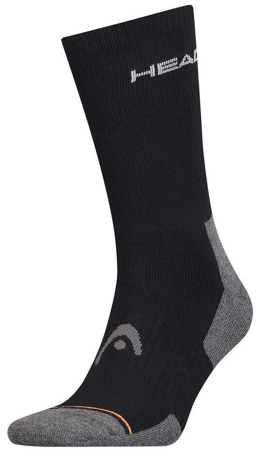 The HEAD Crew Athletes Tennis Sock in black features a ribbed texture, logo at the top, arch support, and reinforced gray toe and heel for durability.