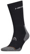 The HEAD Crew Athletes Tennis Sock in black features a ribbed texture, logo at the top, arch support, and reinforced gray toe and heel for durability.