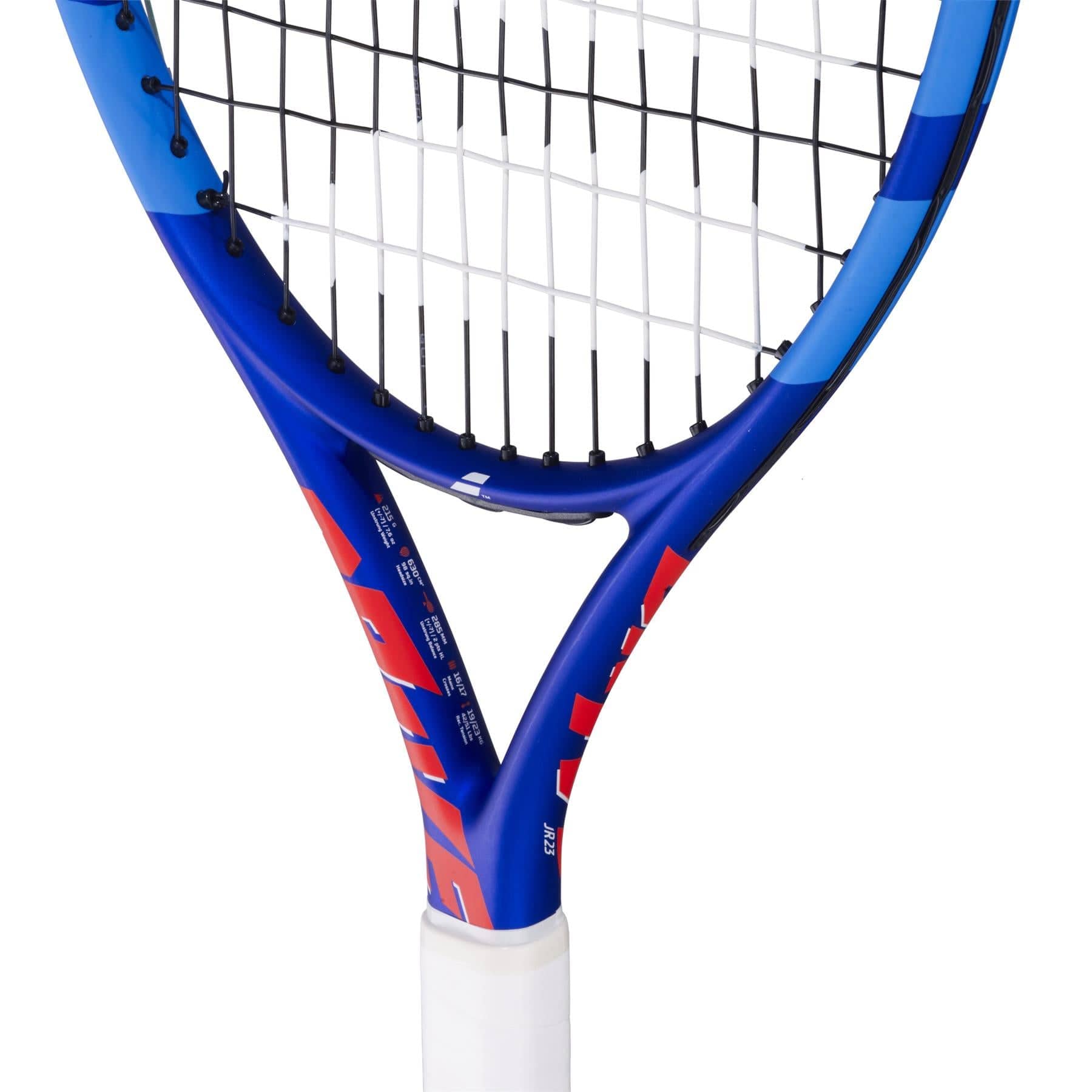 Close-up of the throat and strings on the Babolat Drive Junior 23 Tennis Racket, highlighting its detailed frame, string pattern, and white grip.