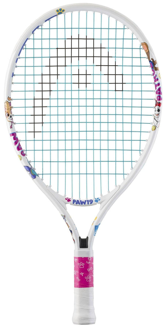 The HEAD x Paw Patrol 19 Junior White Tennis Racket features fun Paw Patrol characters, blue strings, and a pink grip with paw prints—making it the perfect starter racket for young players.