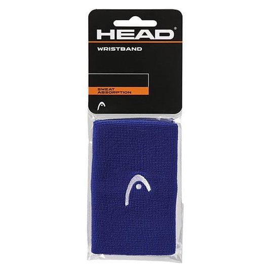 A blue HEAD 5" Tennis Wristband is packaged with the brand logo prominently displayed on the front. The packaging highlights "HEAD" and "WRISTBAND," while the phrase "SWEAT ABSORPTION" stands out in orange text against a sleek black background.