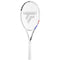 The Tecnifibre T-Fight 295 Isoflex Tennis Racket in white offers dynamic control, highlighted by a black logo centered on the strings and "Tecnifibre" branding adorning the frame. It features an RS Section design, with a white grip and subtle red and blue accents.