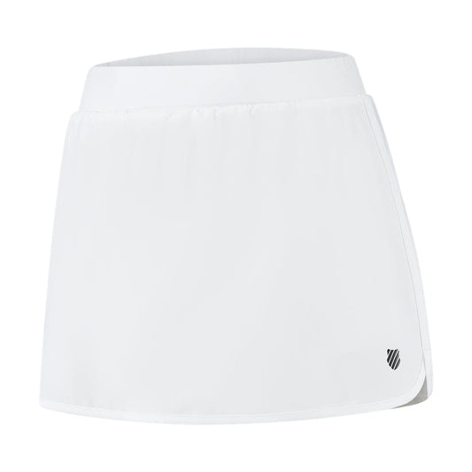 The K-Swiss Tac Hypercourt Pleated Tennis Skirt 4 in white is showcased against a white background, highlighting its elasticated waistband and discreet black logo located at the bottom right corner.