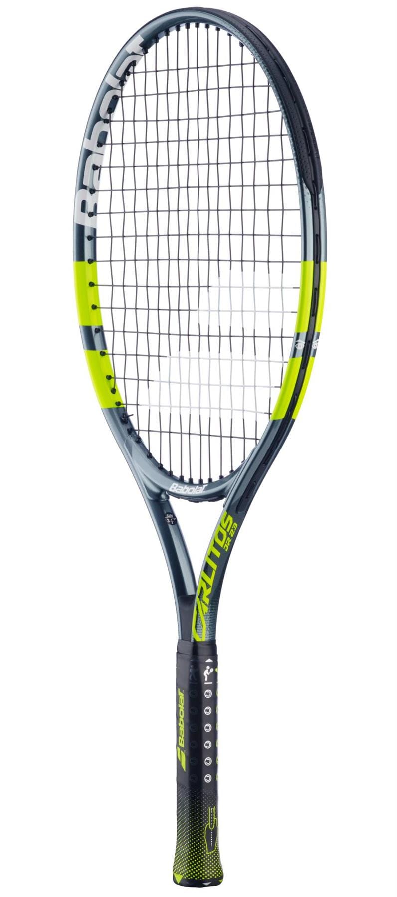 The Babolat Carlitos Junior 23 Tennis Racket by Babolat features a black, gray, and neon yellow design with a black grip and white strings, displayed upright on a white background.