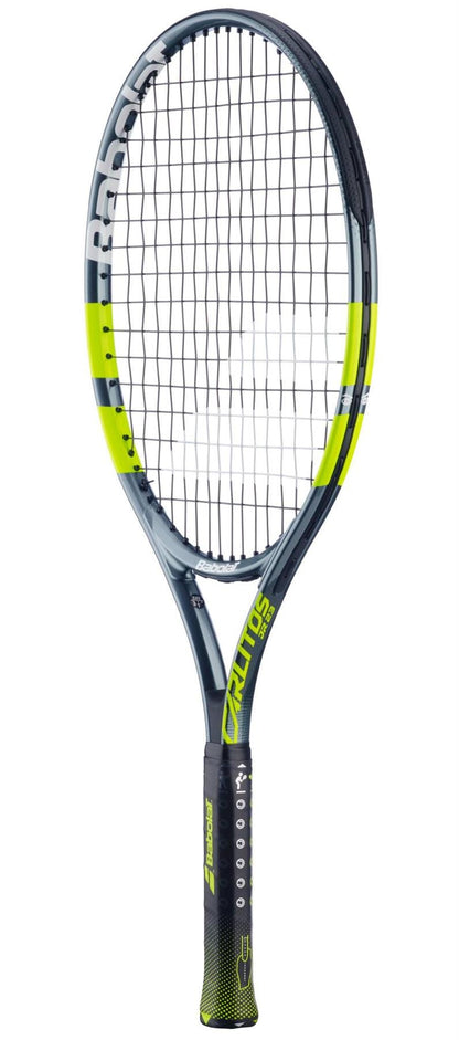 The Babolat Carlitos Junior 23 Tennis Racket by Babolat features a black, gray, and neon yellow design with a black grip and white strings, displayed upright on a white background.