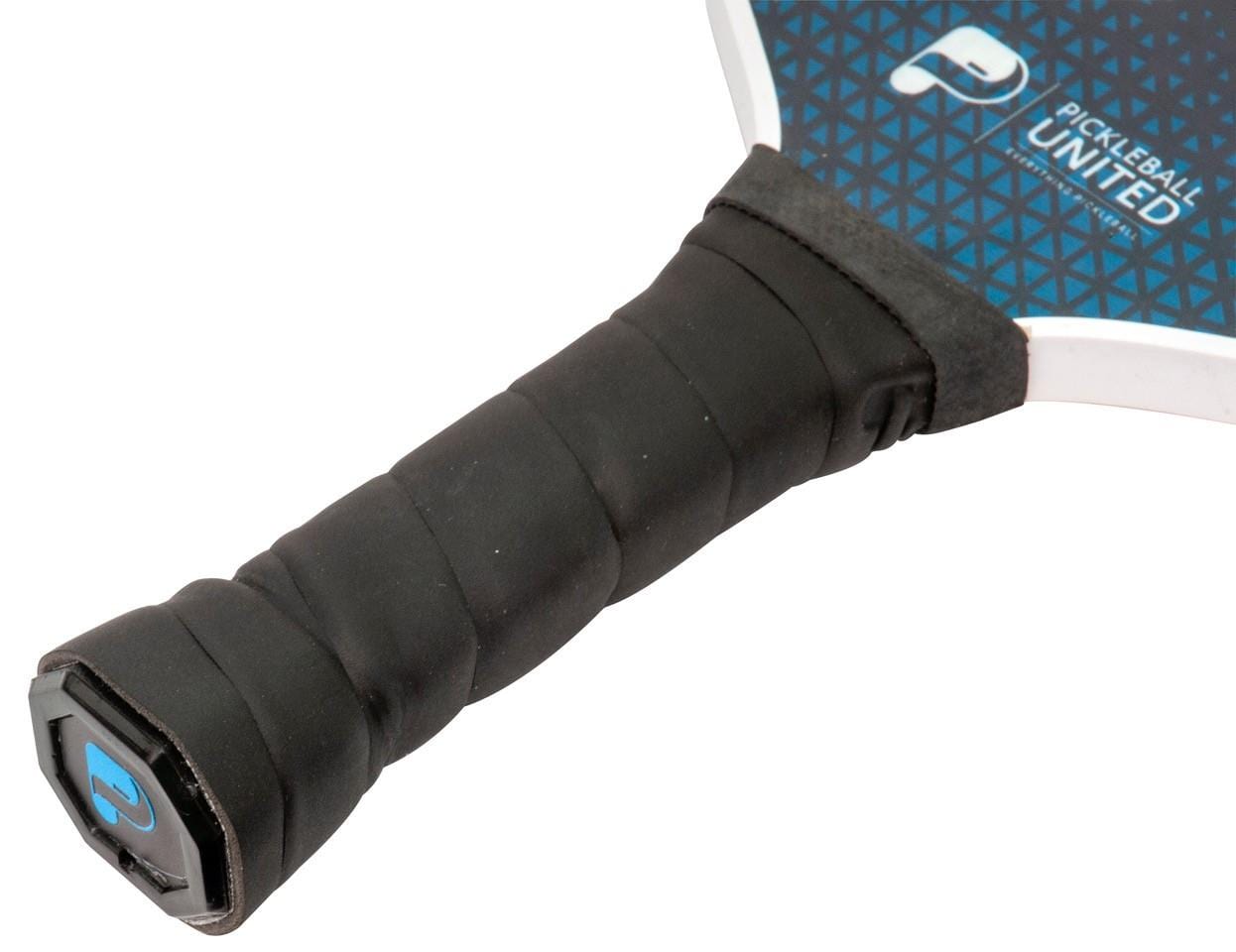 Close-up of the Pickleball United Freedom Pickleball Paddle, showing its black grip, blue geometric design, "Pickleball United" logo, and a durable fiberglass hitting surface.