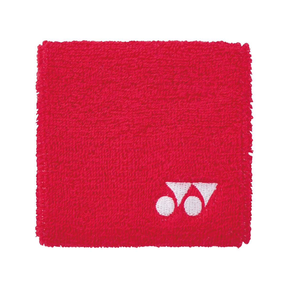Presenting the Yonex AC493 Wristband in red, this accessory boasts a textured surface and a subtle white logo featuring two circles and a triangle in the bottom right corner, making it ideal for court activities.
