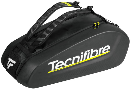 The Tecnifibre Reform L Tennis Racket Bag - Black features a hard shell EVA exterior, white branding with yellow accents, two padded straps, and a zippered main compartment for spacious tennis gear storage.