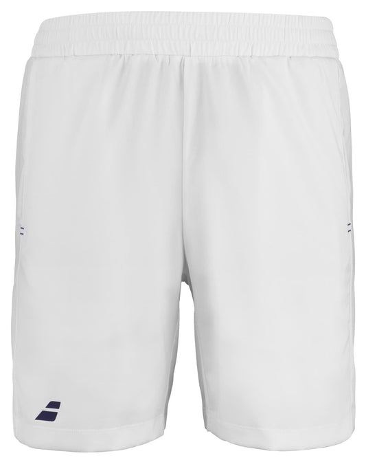 The Babolat Play Men's Tennis Shorts in white feature side pockets and a subtle blue logo on the lower leg. They are made from recycled polyester fabric, and the elasticized waistband provides comfort and flexibility, making them perfect for sports or casual wear.