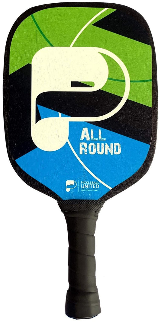 The Pickleball United All Round Pickleball Paddle features a black handle and a vibrant geometric face in green, blue, and black, with "ALL ROUND" and "PICKLEBALL UNITED" boldly printed on the paddle.