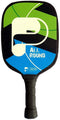 The Pickleball United All Round Pickleball Paddle features a black handle and a vibrant geometric face in green, blue, and black, with "ALL ROUND" and "PICKLEBALL UNITED" boldly printed on the paddle.