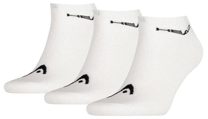 Three pairs of HEAD Sneaker Tennis Socks in white, crafted from a soft cotton blend for comfort, feature a black logo on toes and cuff.