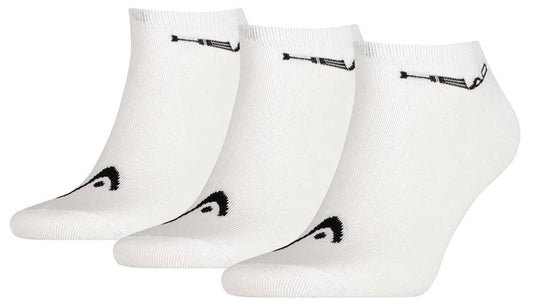 Three pairs of HEAD Sneaker Tennis Socks in white, crafted from a soft cotton blend for comfort, feature a black logo on toes and cuff.