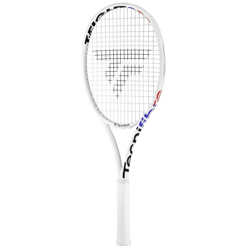 The Tecnifibre T-Fight 300 Isoflex Tennis Racket - White by Tecnifibre showcases a stylish white design with black and red details, accompanied by a dark logo on the strings. It includes a 16x19 string pattern for enhanced control and features a handle that is elegantly wrapped in white grip tape, with "Tecnifibre" prominently displayed on the side of the frame.