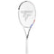 The Tecnifibre T-Fight 300 Isoflex Tennis Racket - White by Tecnifibre showcases a stylish white design with black and red details, accompanied by a dark logo on the strings. It includes a 16x19 string pattern for enhanced control and features a handle that is elegantly wrapped in white grip tape, with "Tecnifibre" prominently displayed on the side of the frame.