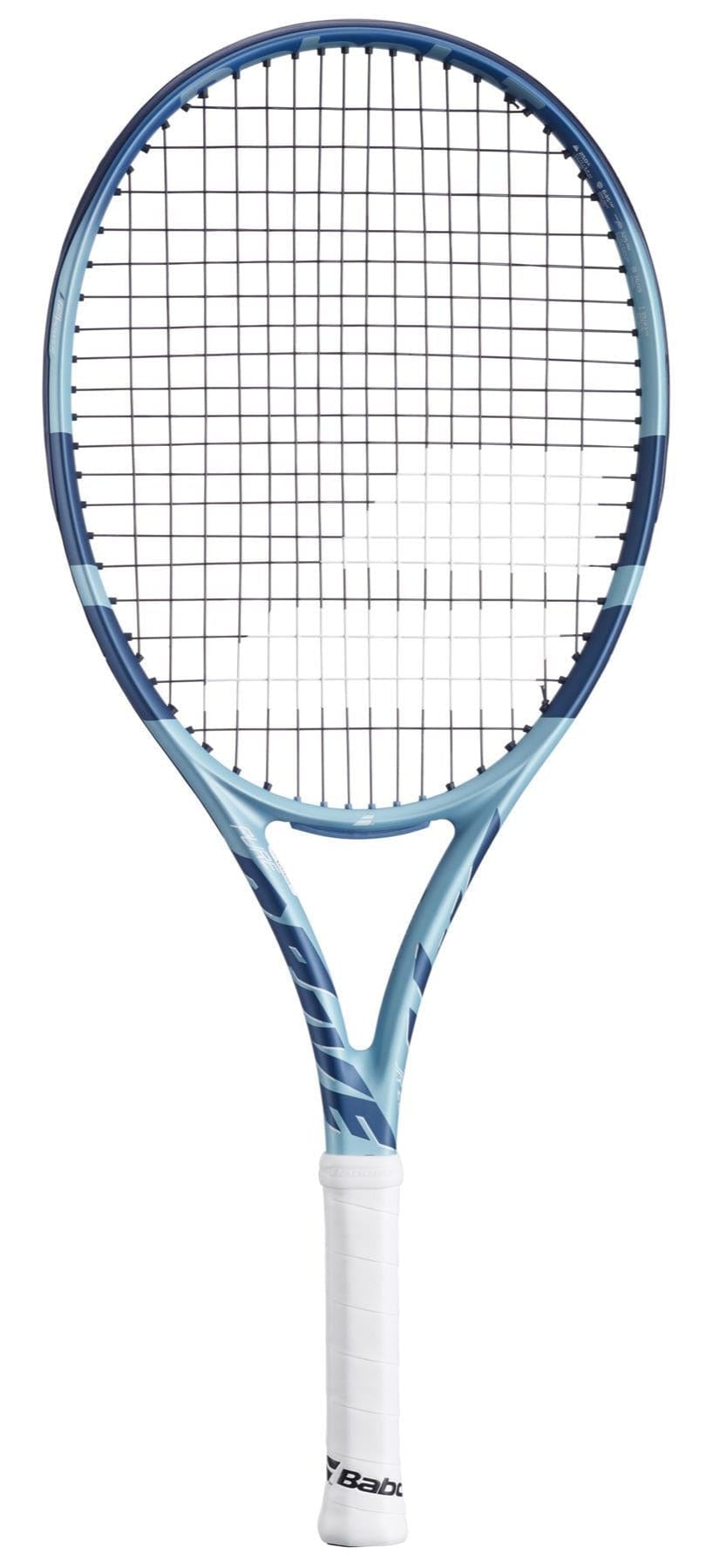The Babolat Pure Drive Junior 26 Gen 11 Tennis Racket by Babolat is a blue and white junior racket with a white grip, black strings, and logo on the handle, ideal for advanced young players. Displayed on a white background.