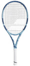 The Babolat Pure Drive Junior 26 Gen 11 Tennis Racket by Babolat is a blue and white junior racket with a white grip, black strings, and logo on the handle, ideal for advanced young players. Displayed on a white background.