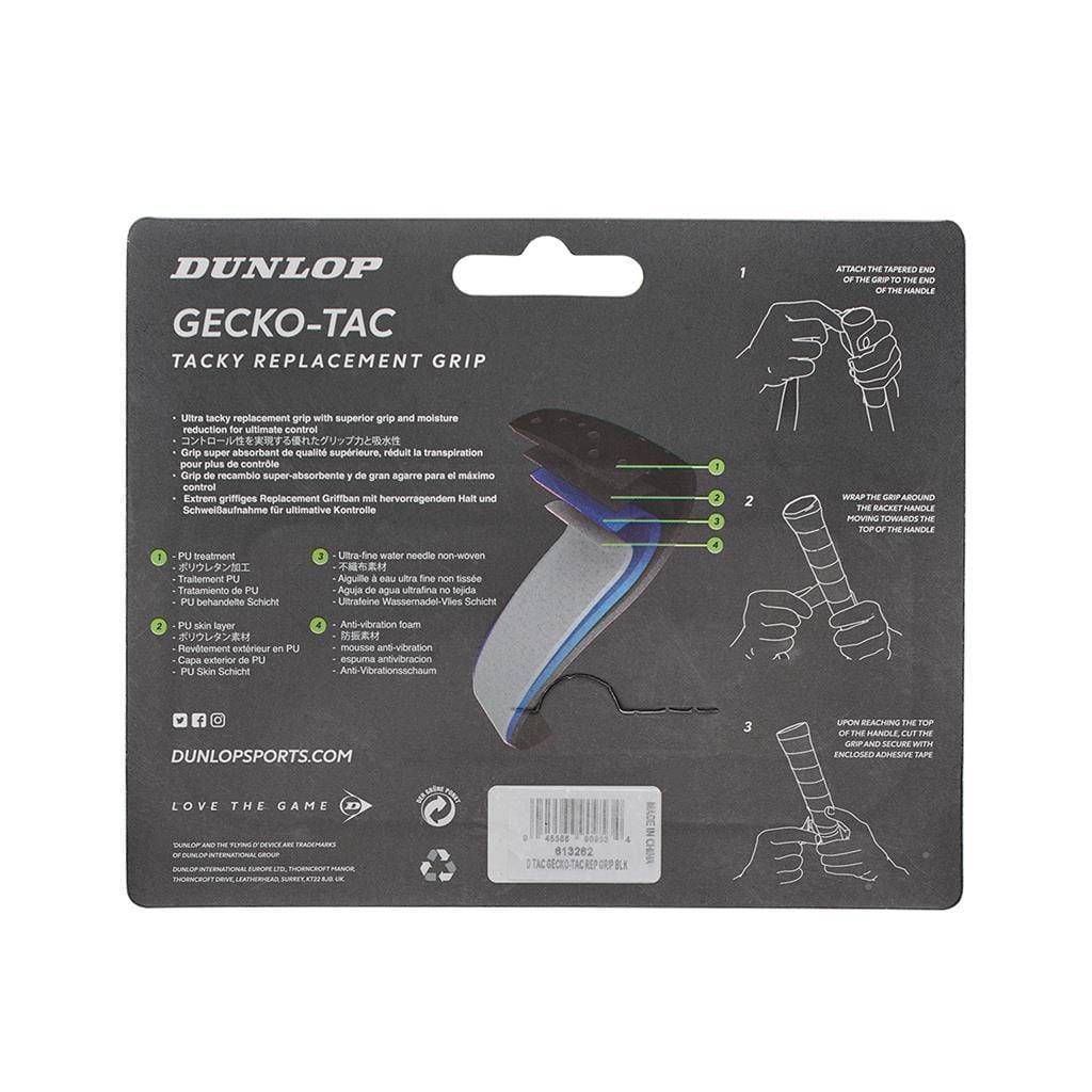 The Dunlop Gecko-Tac Replacement Tennis Grip - Black packaging highlights its tacky surface technology designed to improve control and precision. The packaging includes installation instructions, diagrammatic steps, and branding, with the grip prominently featured against a gray background with green and white text.