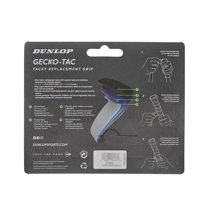 The Dunlop Gecko-Tac Replacement Tennis Grip - Black packaging highlights its tacky surface technology designed to improve control and precision. The packaging includes installation instructions, diagrammatic steps, and branding, with the grip prominently featured against a gray background with green and white text.