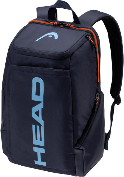 The HEAD Pro 28L Tennis Backpack - Navy features orange zipper accents, a top handle, adjustable straps, "HEAD" in light blue on the front pocket, and a convenient shoe compartment.