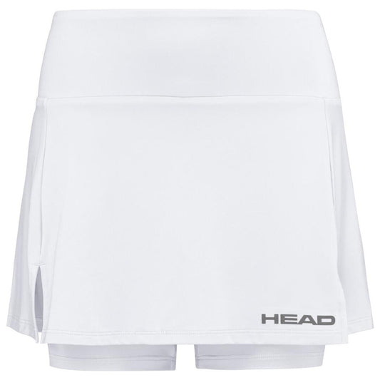 This is the HEAD Womens Club Basic Tennis Skort in white, featuring the "HEAD" logo on the lower right. Made with Moisture Transfer Microfibre, it includes a flared skirt design and built-in shorts for enhanced comfort and performance.