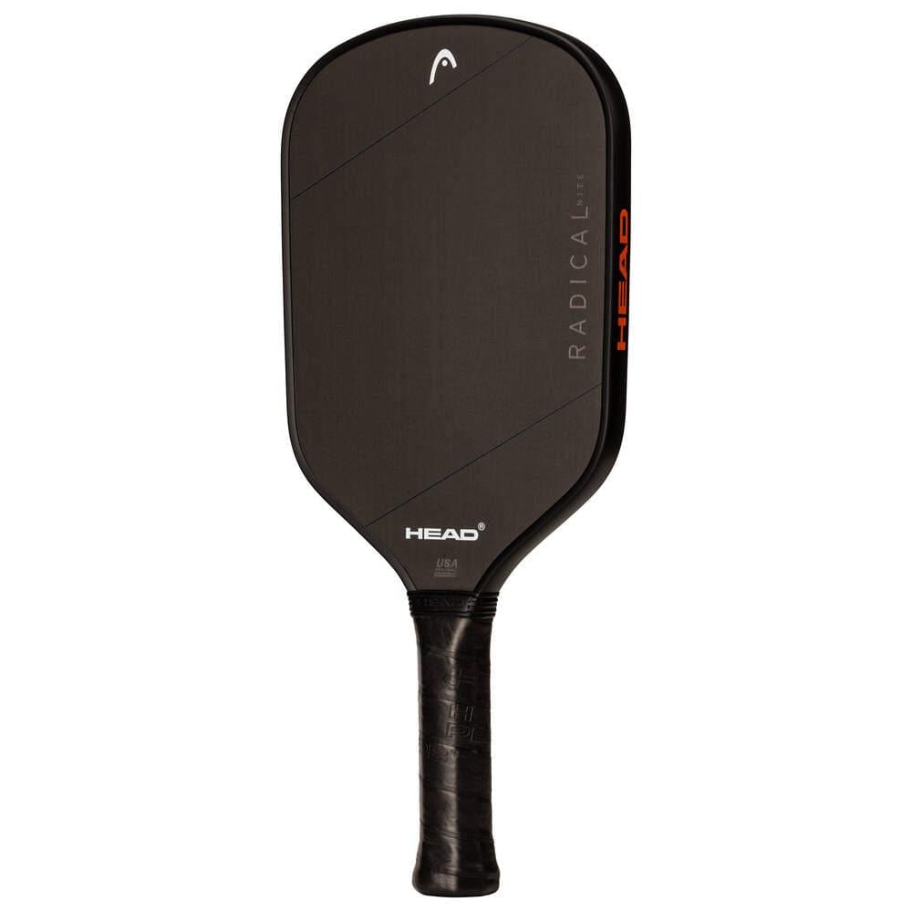 The HEAD Radical Nite Pickleball Paddle features a black design, rectangular shape with rounded edges, textured grip handle, SpinFusion technology, and the words “RADICAL” and “HEAD” printed on its face.