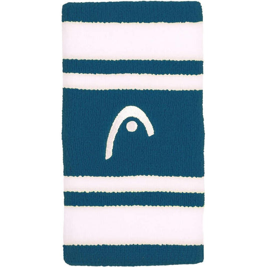 The HEAD 5" Striped Tennis Wristband in teal and white features alternating thick and thin stripes, a centered white HEAD logo, and offers style plus outstanding elasticity for comfort.