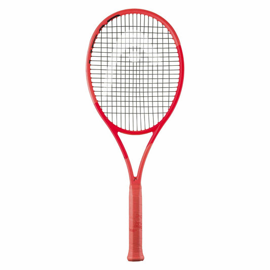 The HEAD Radical Pro 2025 Tennis Racket by HEAD, in red with a black string pattern and Auxetic 2.0 technology, is shown on a white background—perfect for all-court tournament players seeking power and precision.