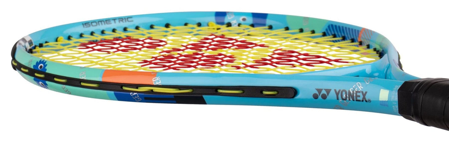 A close-up of a colorful Yonex badminton racket with a blue frame and yellow strings. Its vibrant geometric design is as eye-catching as the Yonex Junior 21 Ocean Blue Tennis Racket for beginners.