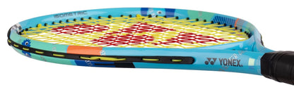A close-up of a colorful Yonex badminton racket with a blue frame and yellow strings. Its vibrant geometric design is as eye-catching as the Yonex Junior 21 Ocean Blue Tennis Racket for beginners.