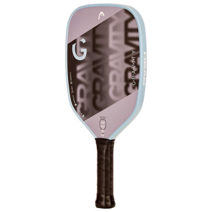 The HEAD Gravity Team EX 2025 Pickleball Paddle features a black handle, blue and gray face, bold "GRAVITY" lettering, and the "HEAD" logo on the edge, offering excellent control and impressive spin.