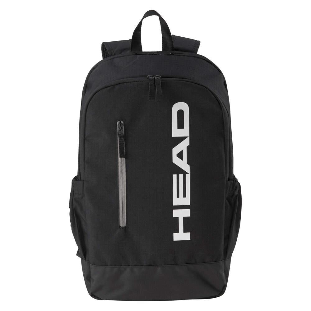 The HEAD BASE Tennis Backpack 17L - Black by HEAD features side pockets, a front zipper pocket with "HEAD" in white, a top handle, adjustable straps, and a dedicated racket compartment for easy carrying.