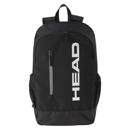The HEAD BASE Tennis Backpack 17L - Black by HEAD features side pockets, a front zipper pocket with "HEAD" in white, a top handle, adjustable straps, and a dedicated racket compartment for easy carrying.
