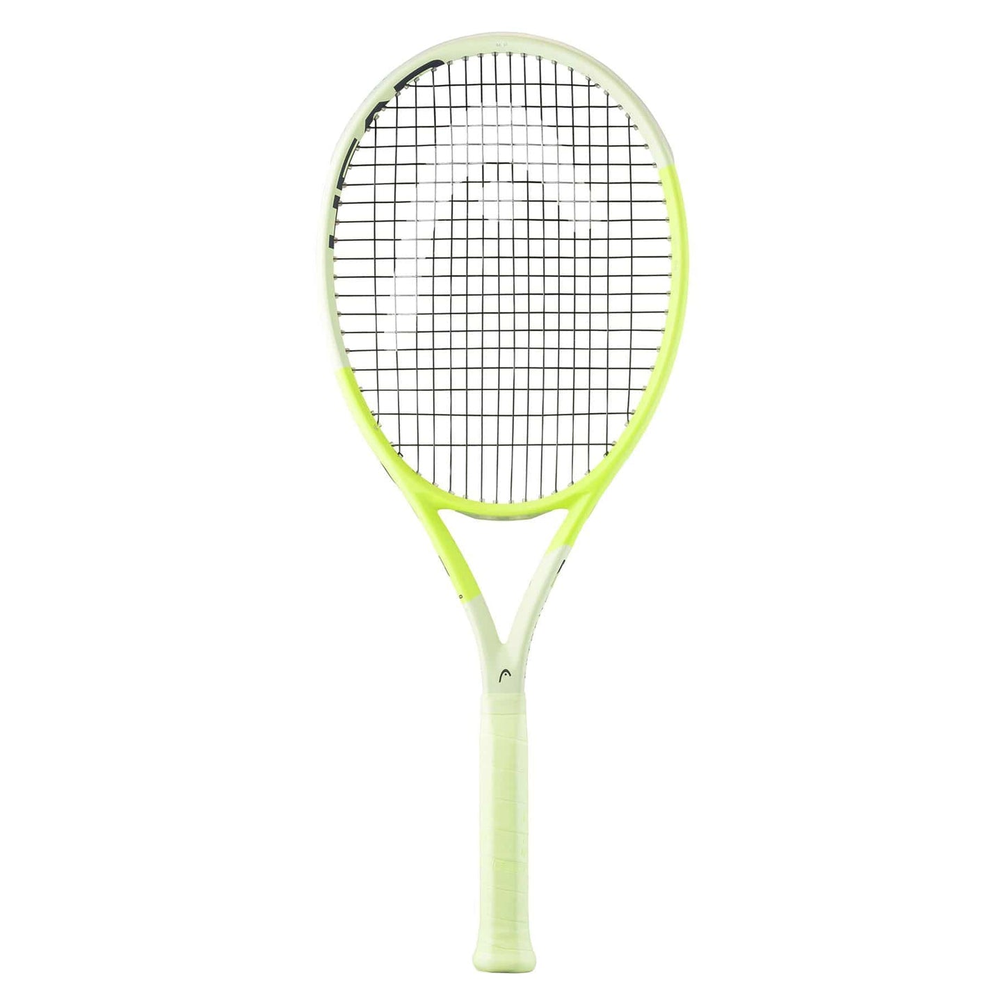 The HEAD Extreme MP 2024 Tennis Racket by HEAD displays a striking green frame accented by black strings and a white grip, highlighting its innovative HEAD Auxetic 2.0 technology for remarkable spin, set against a simple white background.