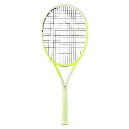 The HEAD Extreme MP 2024 Tennis Racket by HEAD displays a striking green frame accented by black strings and a white grip, highlighting its innovative HEAD Auxetic 2.0 technology for remarkable spin, set against a simple white background.